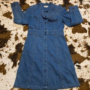 Madewell Women's Shirt Dress Size 12 Blue Denim Bow Tie Neck Stretch Button Down